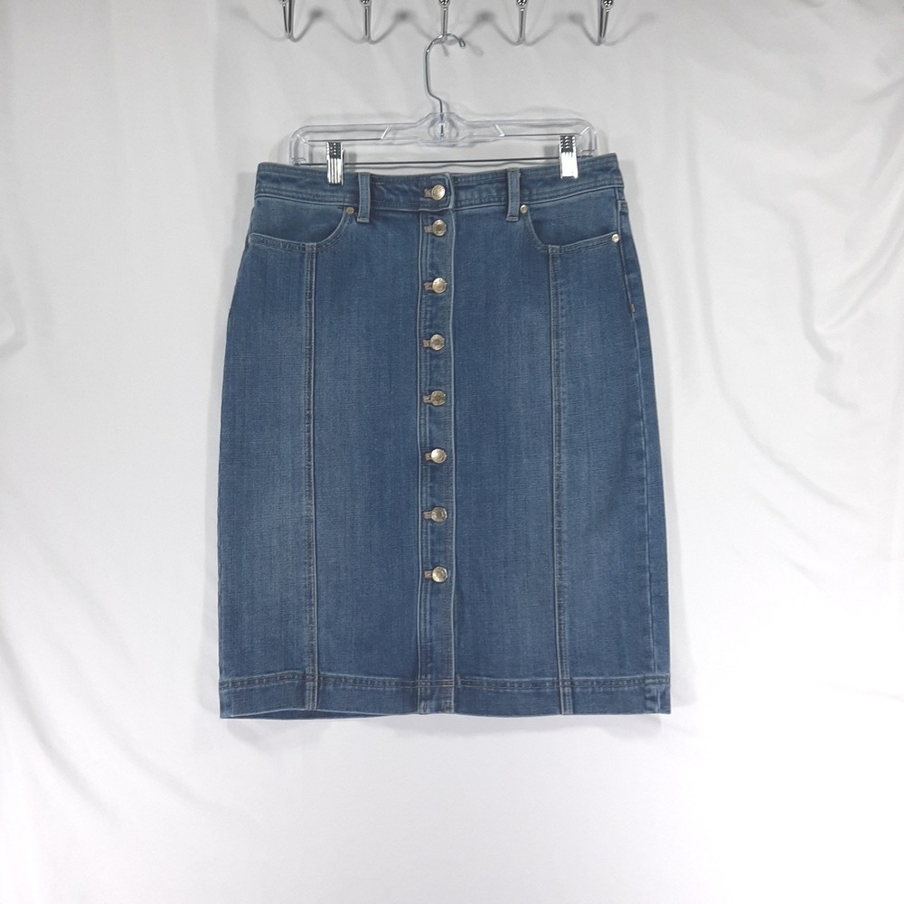 Talbots Denim Pencil Skirt Medium Wash Button Front Size 8 Blue Knee Length